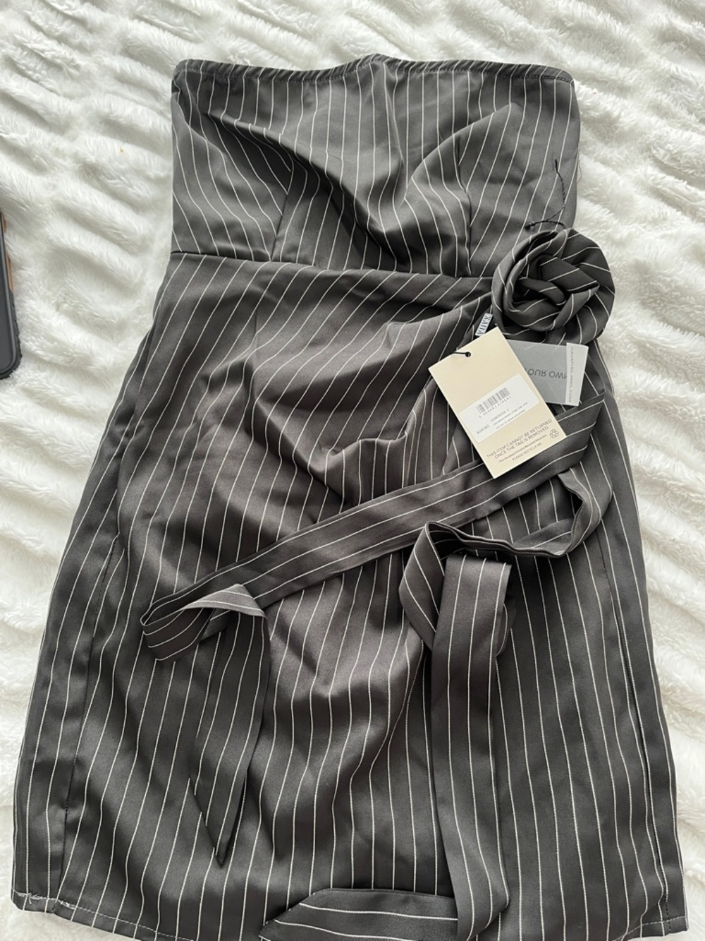 Kaii Strapless Pinstripe Dress with Rosette Accent - Black & White